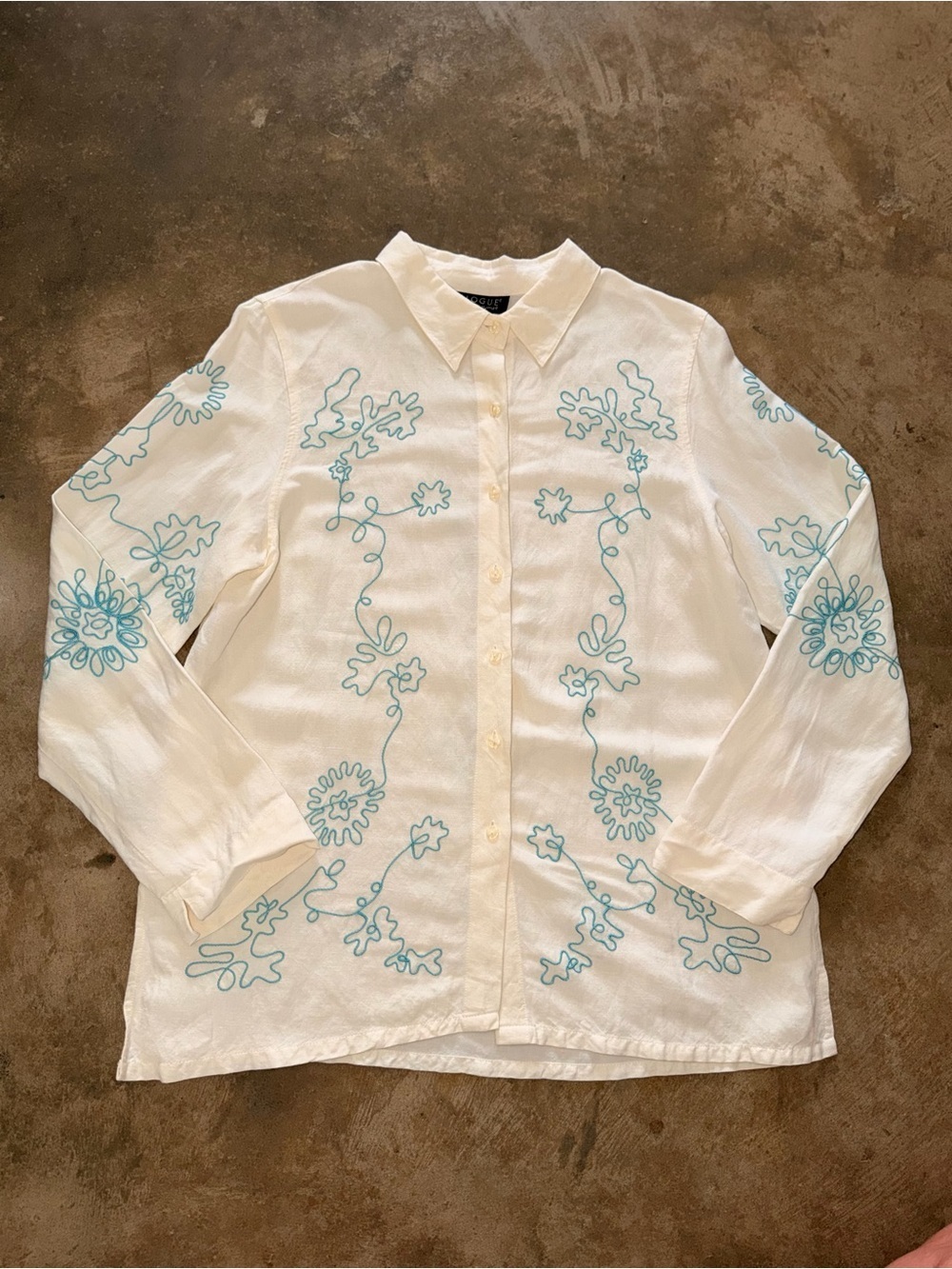 Dialogue Linen Blend Embroidered Button Up Blouse Medium Cream Aqua Floral